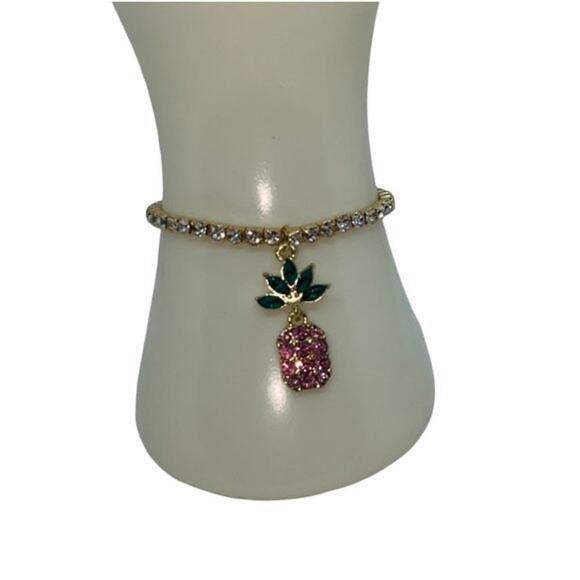 NWT Gold-Tone Green Pink Pineapple Rhinestone Beaded Stretch Bracelet - Picture 1 of 8